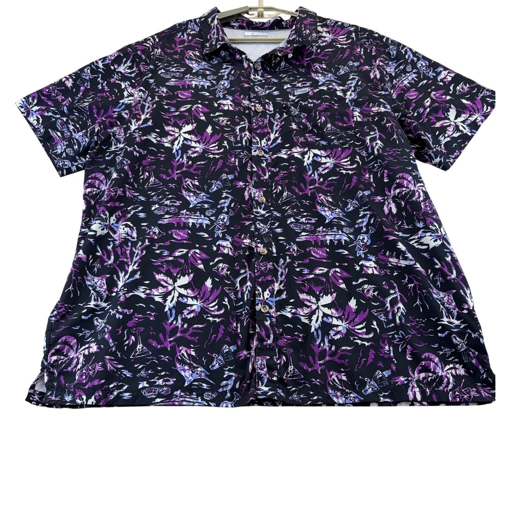 Columbia Shirt Mens XXL Black Purple PFG Performance Fishing Gear Tropical Hula